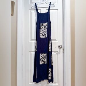 Navy Blue Graphic Maxi Sundress with Cream Panels